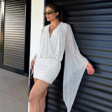 Women Summer Polka Dot Print Mesh Patchwork Long Sleeve Backless Bodycon Dress