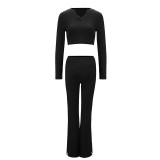 Women V Neck Long Sleeve Top and Bell Bottom Pant Two Piece