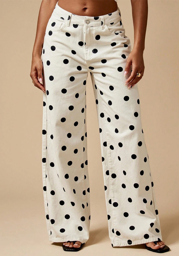 Women Polka Dot Casual Non-Stretch Denim Long Pants