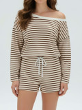 Women Spring Summer Stripe Off Shoulder Top and Shorts Two Piece