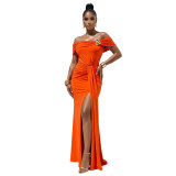 Women Sexy Off Shoulder Slit Summer Short Sleeve Dress