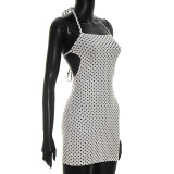 Spring Women Sexy Polka Dot Halter Lace-Up Low Back Mini Dress