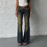 Women American Casual Washed Sexy Hollow Bell Bottom Denim Pant
