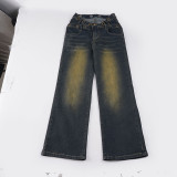 Women American Casual Washed Sexy Hollow Bell Bottom Denim Pant
