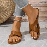 Plus Size Women Cross Strap Flat Sandals Wide Strap Open Toe Beach Slippers