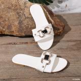 Women Summer Metal Buckle Round Toe Beach Sandals Rhinestone Buckle Flat Slides