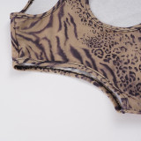 Women Summer Sexy Leopard Print Hook Hollow Tank & Shorts Two-Piece Set