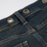 Women American Casual Washed Sexy Hollow Bell Bottom Denim Pant