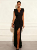 Women V Neck Sleeveless Slit Dress