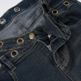 Women American Casual Washed Sexy Hollow Bell Bottom Denim Pant