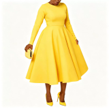 Women's Solid Round Neck Long Sleeve A-Line Dress