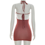 Spring Women Sexy Polka Dot Halter Lace-Up Low Back Mini Dress