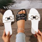 Women Summer Metal Buckle Round Toe Beach Sandals Rhinestone Buckle Flat Slides