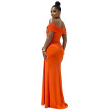 Women Sexy Off Shoulder Slit Summer Short Sleeve Dress