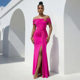 Women Sexy Off Shoulder Slit Summer Short Sleeve Dress