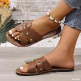 Plus Size Women Casual Square Toe Flat Summer Slippers Sandals