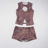 Women Summer Sexy Leopard Print Hook Hollow Tank & Shorts Two-Piece Set