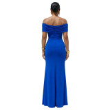 Women Sexy Off Shoulder Slit Summer Short Sleeve Dress