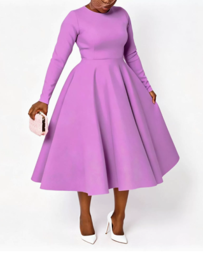Women's Solid Round Neck Long Sleeve A-Line Dress