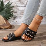 Women Summer Metal Buckle Round Toe Beach Sandals Rhinestone Buckle Flat Slides