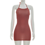 Spring Women Sexy Polka Dot Halter Lace-Up Low Back Mini Dress