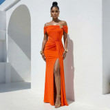 Women Sexy Off Shoulder Slit Summer Short Sleeve Dress