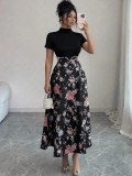 Women Spring Summer Elegant Floral Print High Neck Beaded Dress