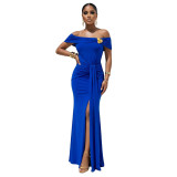 Women Sexy Off Shoulder Slit Summer Short Sleeve Dress