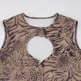 Women Summer Sexy Leopard Print Hook Hollow Tank & Shorts Two-Piece Set