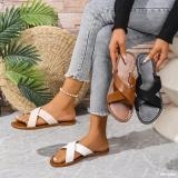 Plus Size Women Cross Strap Flat Sandals Wide Strap Open Toe Beach Slippers