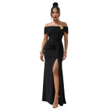 Women Sexy Off Shoulder Slit Summer Short Sleeve Dress