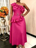 Women Slash Shoulder Beaded Waist Dress