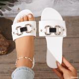 Women Summer Metal Buckle Round Toe Beach Sandals Rhinestone Buckle Flat Slides