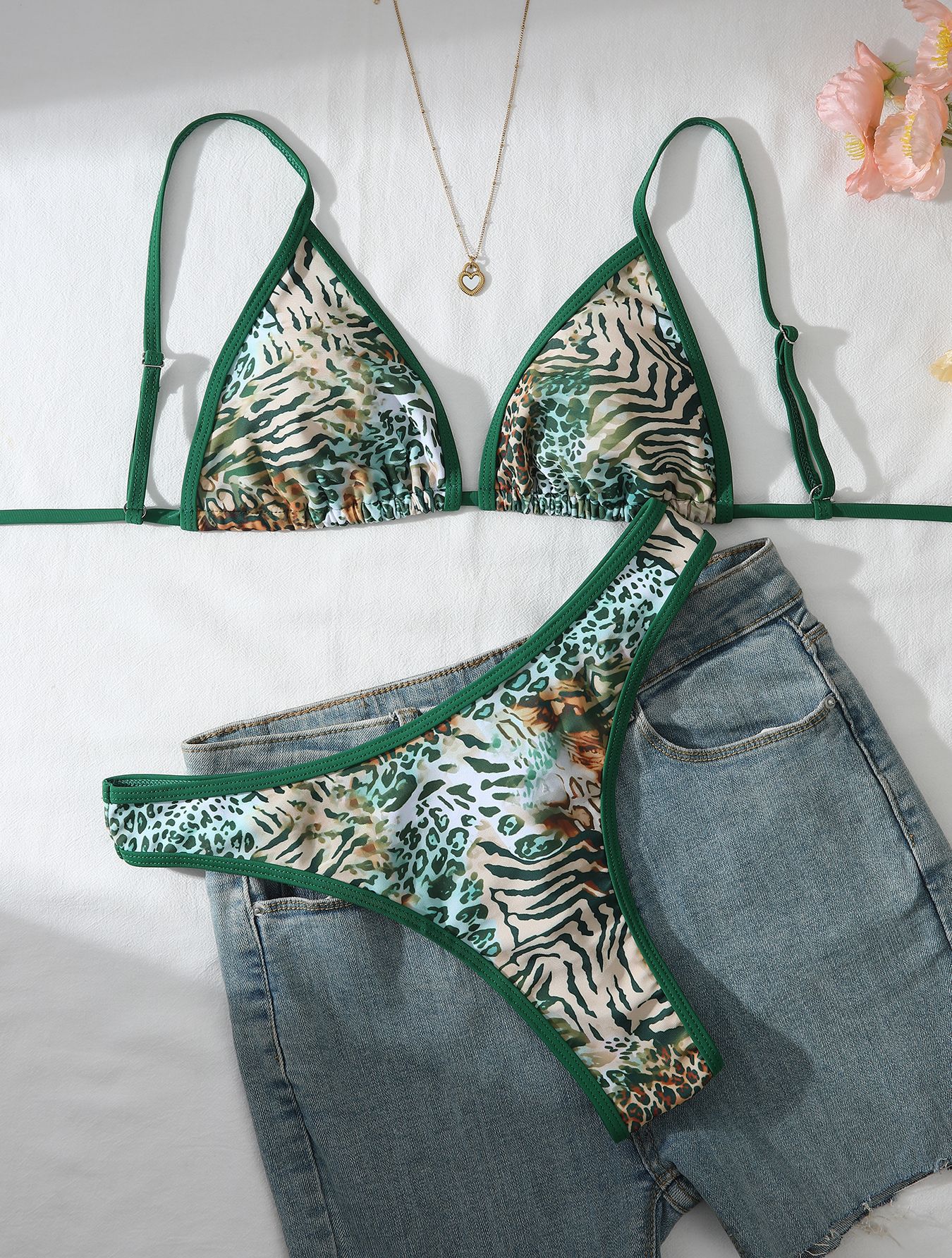 Green Leopard Print Slim Fit Two-Piece Bikini Swimsuit