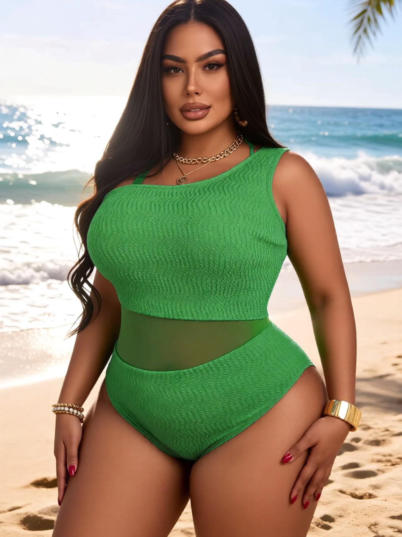 Plus Size Mesh Patchwork One-Piece Swimsuit
