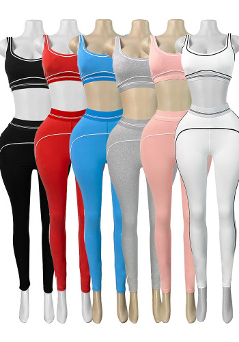 Women Color Block Stripe Sports Tank Top & Yoga Pants Tight Fitting Casual Two-Piece Set