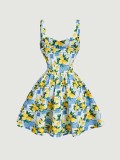 Women Floral Printed Strap Dress Elegant Tie Waist A-line Dress