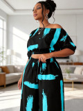 Plus Size Women Summer Printed High-Waist Wide-Leg Pants & Short Sleeve Top Two-Piece Set