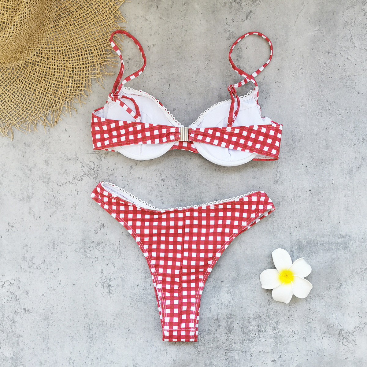Plaid Print High Slit Low Back Two-Piece Bikini Swimsuit