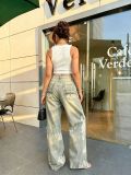 Women Lace Colorful Rhinestone Ripped Printed Denim Pants