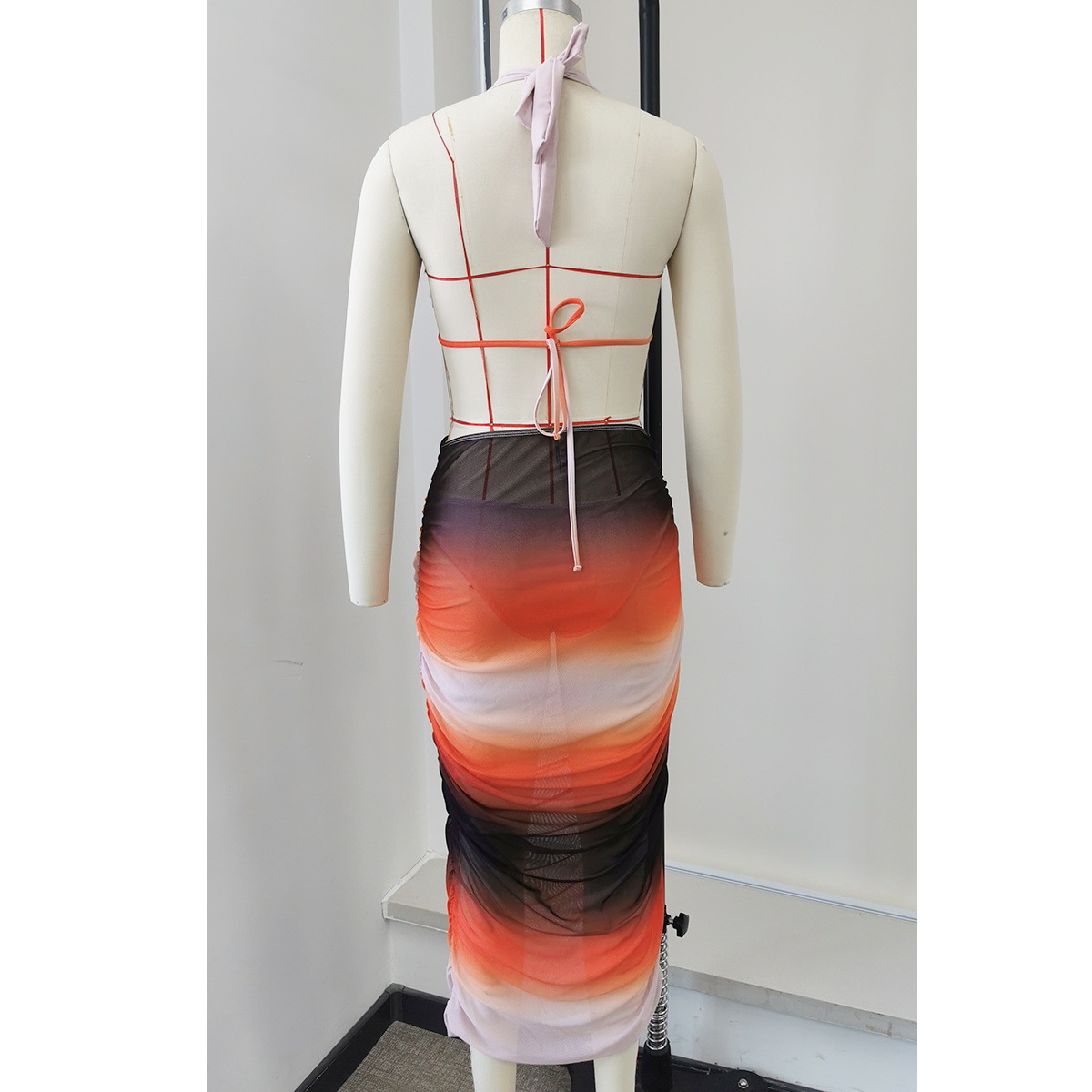 Gradient Lace-Up Low Back Bikini & Bodycon Skirt Set