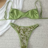 Women Olive Green Texture Adjustable Strap Two Pieces Bikini Swimsuit