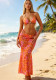 Women Printed Low Back Bikini with Long Mesh Skirt Three-Piece Swimsuit