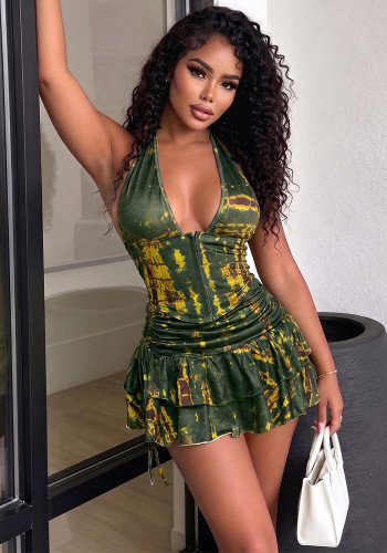 Women Summer Printed Halter Neck Tank Dress Set