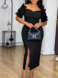 Plus Size Women Summer Solid Color Off Shoulder Short Sleeve Split Dress Elegant Career Wear