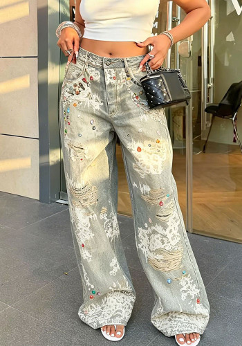 Women Lace Colorful Rhinestone Ripped Printed Denim Pants
