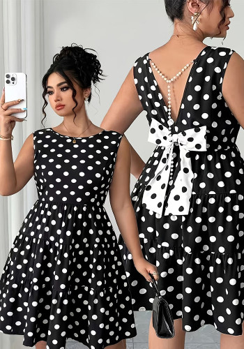 Plus Size Women Summer Polka Dot Retro Slim Waist A-line Dress