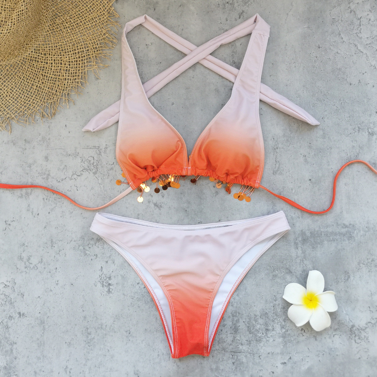 Gradient Lace-Up Low Back Bikini & Bodycon Skirt Set