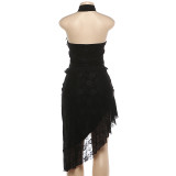 Women Summer Mesh Patchwork Sleeveless Halter Neck Top & Skirt Set