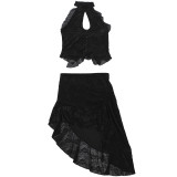 Women Summer Mesh Patchwork Sleeveless Halter Neck Top & Skirt Set